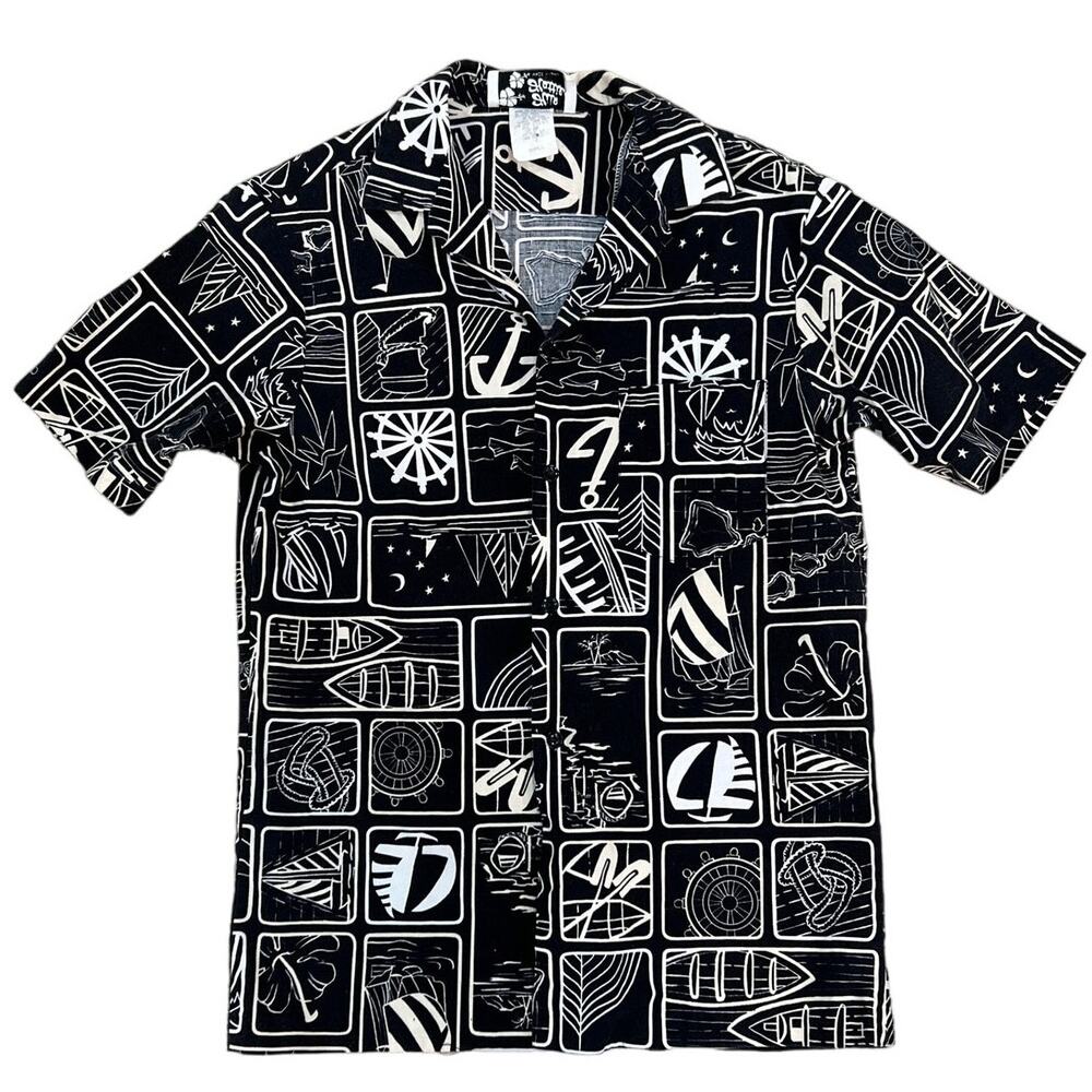 Vintage 80s Hilo Hattie Hawaiian Black Camp Collar Button-Down, Small